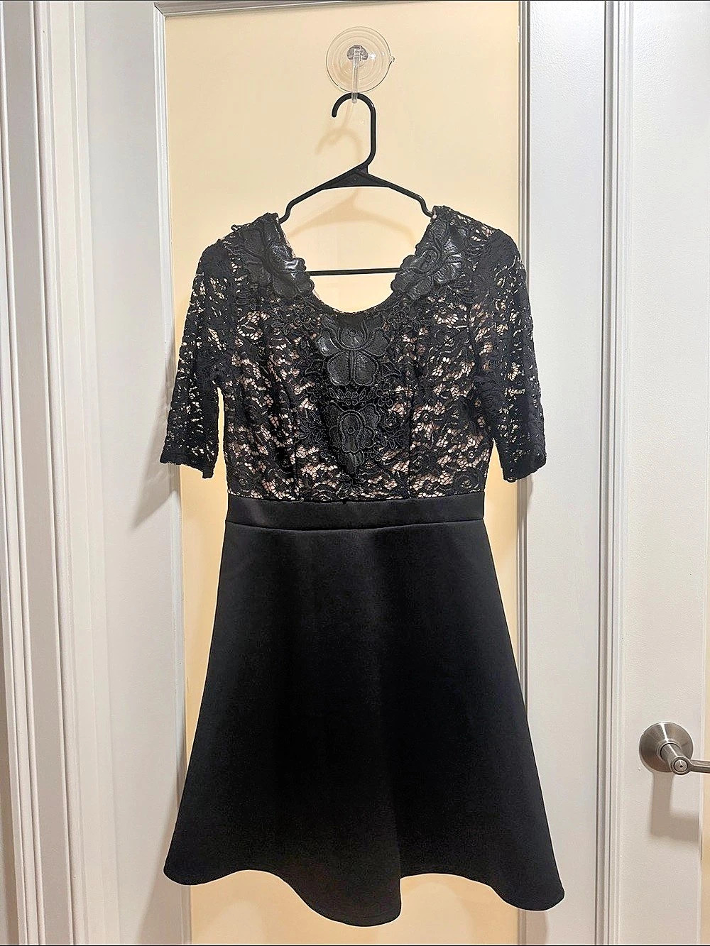 Black Party A-Line Dress (Worn 1x) with Lace Overlay & Leather Top Detail (Size